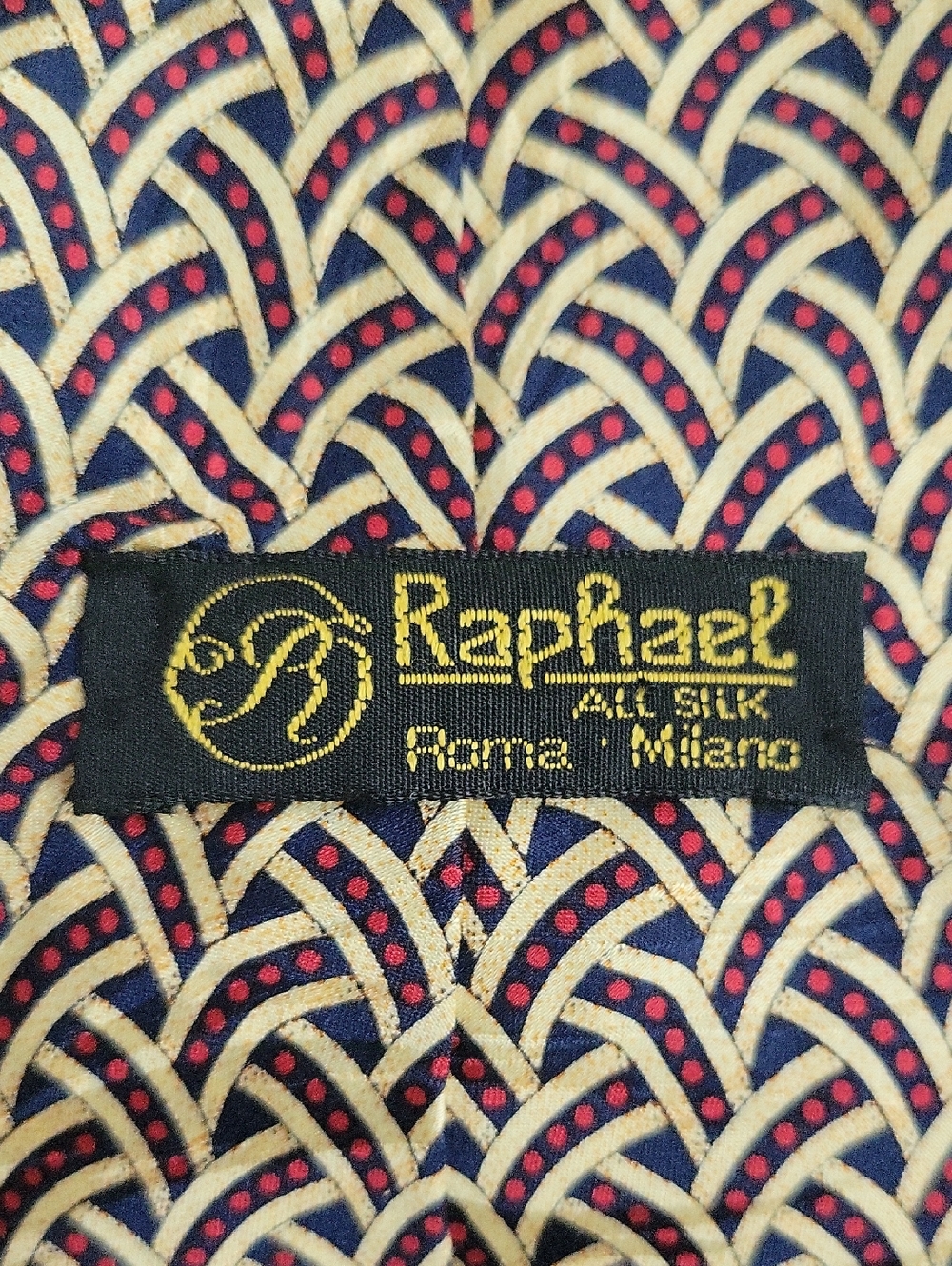 Vintage Raphael Silk Scarf in Cream Red Blue Woven Geometric Design